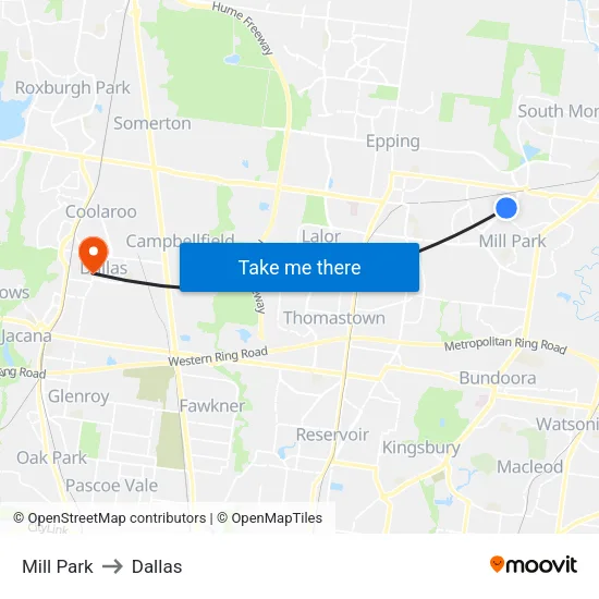 Mill Park to Dallas map