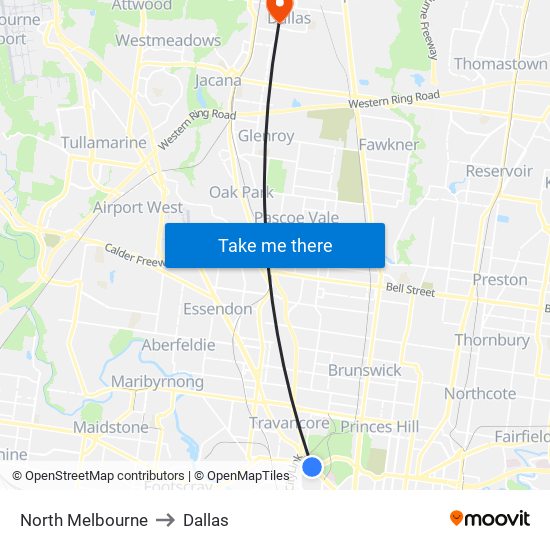 North Melbourne to Dallas map