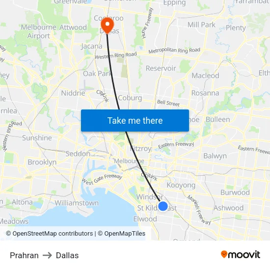 Prahran to Dallas map
