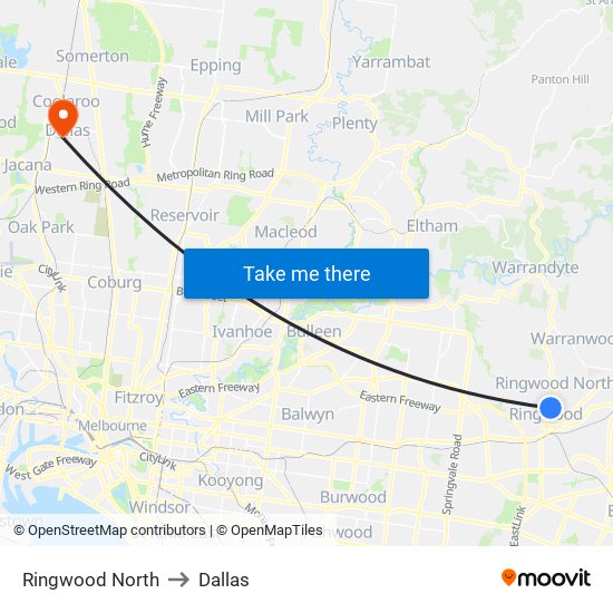 Ringwood North to Dallas map