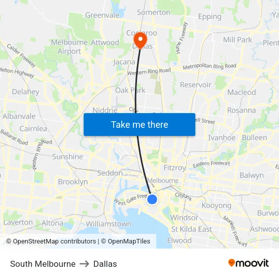 South Melbourne to Dallas map