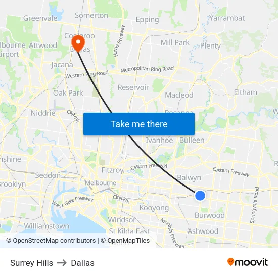 Surrey Hills to Dallas map