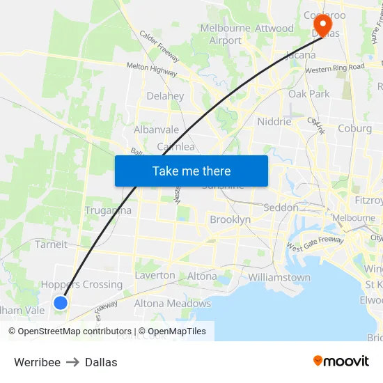 Werribee to Dallas map