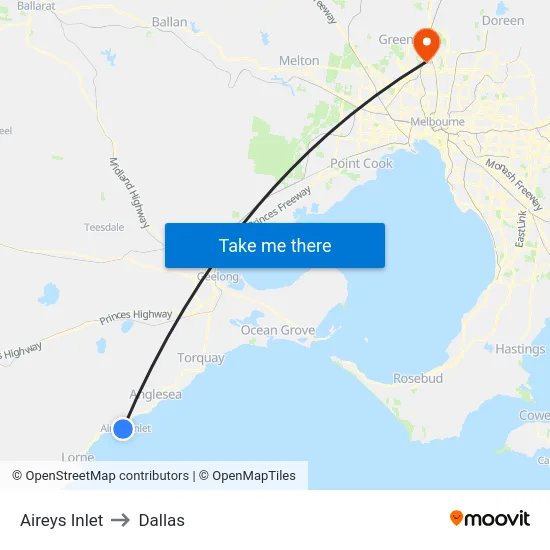 Aireys Inlet to Dallas map