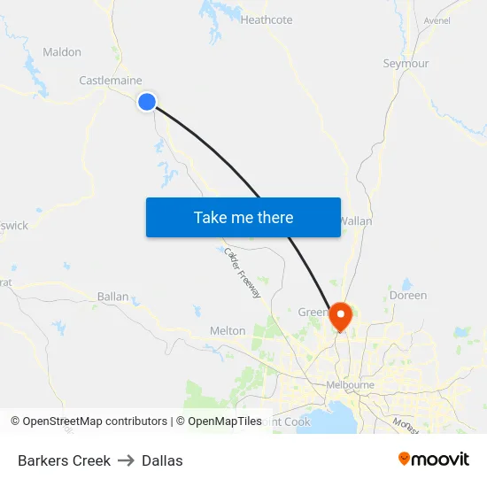 Barkers Creek to Dallas map