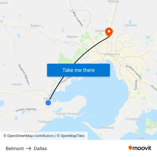 Belmont to Dallas map