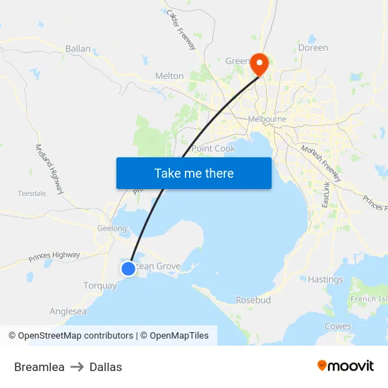 Breamlea to Dallas map