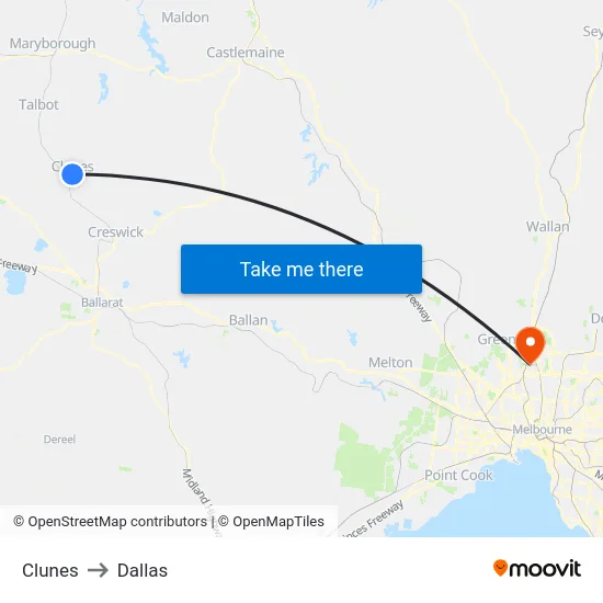 Clunes to Dallas map