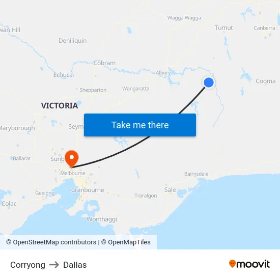 Corryong to Dallas map