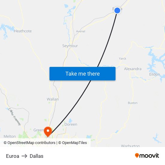 Euroa to Dallas map