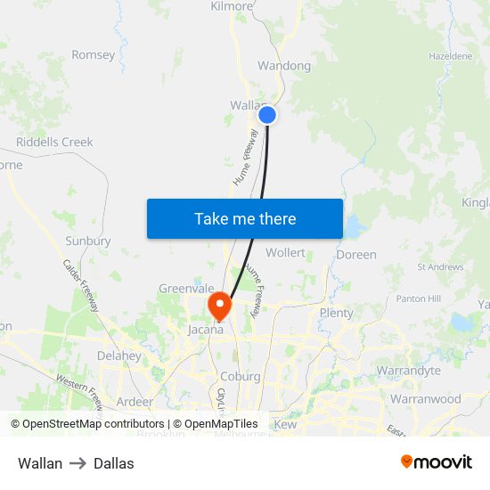 Wallan to Dallas map