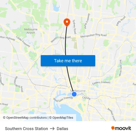 Southern Cross Station to Dallas map