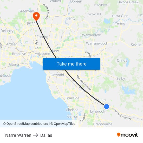 Narre Warren to Dallas map
