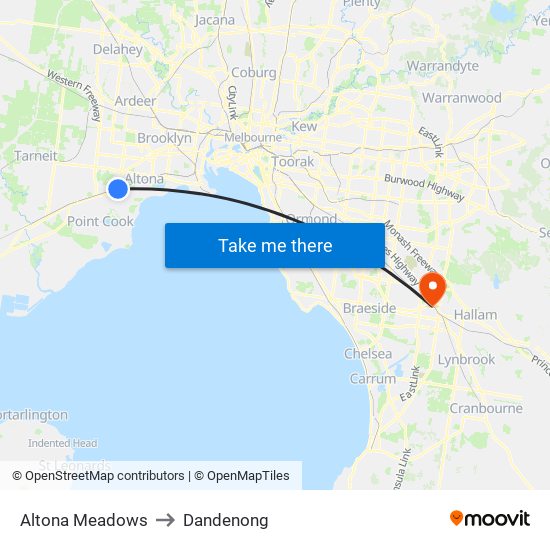 Altona Meadows to Dandenong map