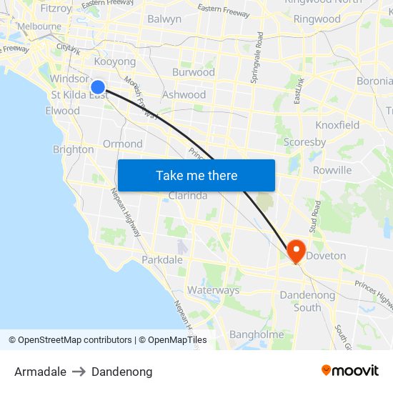 Armadale to Dandenong map