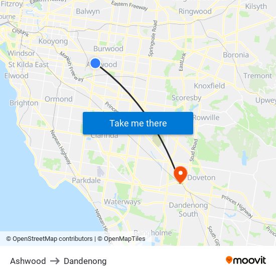 Ashwood to Dandenong map