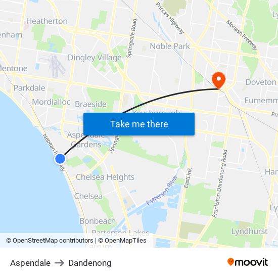 Aspendale to Dandenong map