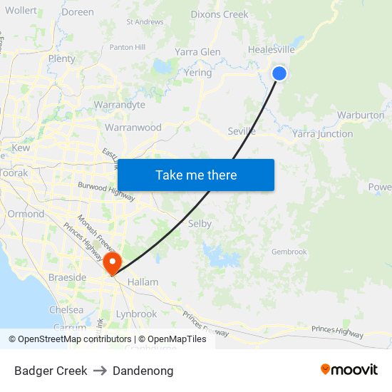 Badger Creek to Dandenong map