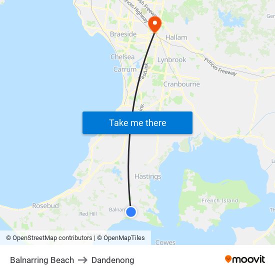 Balnarring Beach to Dandenong map