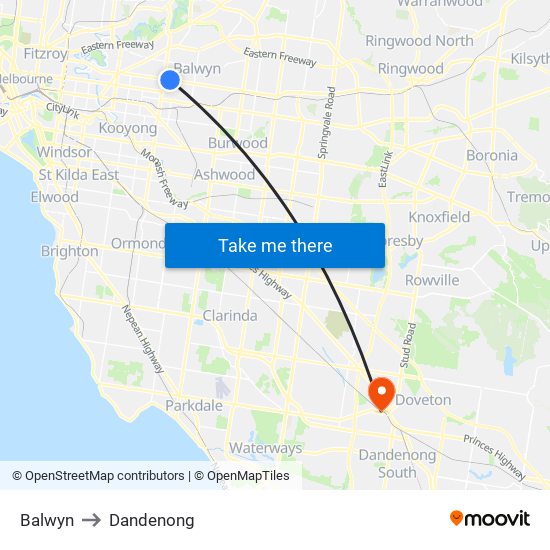 Balwyn to Dandenong map