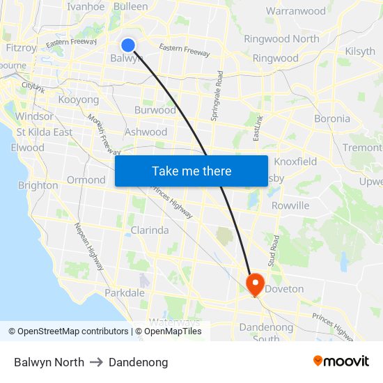 Balwyn North to Dandenong map