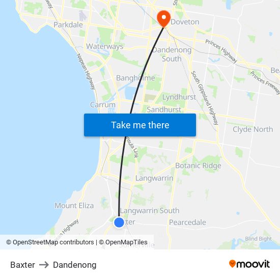 Baxter to Dandenong map