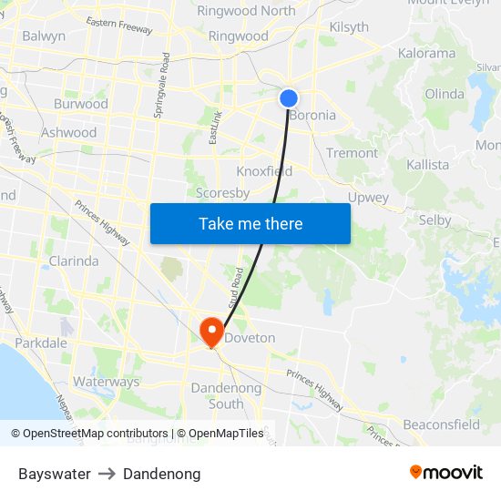 Bayswater to Dandenong map