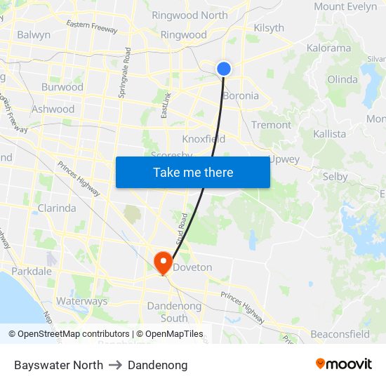 Bayswater North to Dandenong map