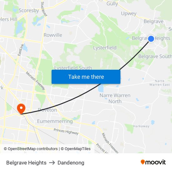 Belgrave Heights to Dandenong map