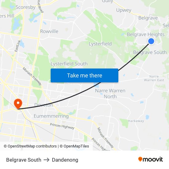 Belgrave South to Dandenong map