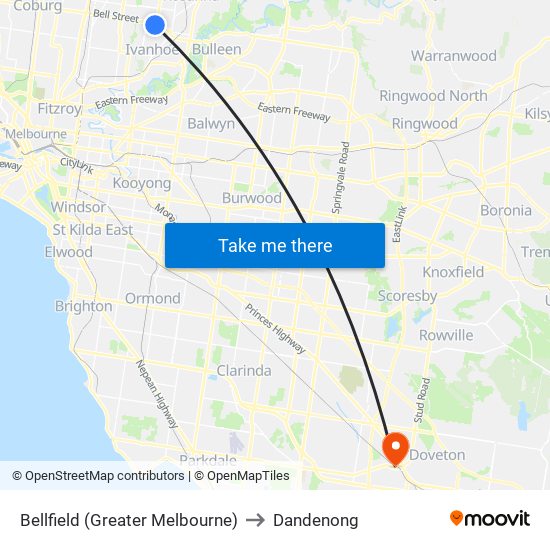 Bellfield (Greater Melbourne) to Dandenong map