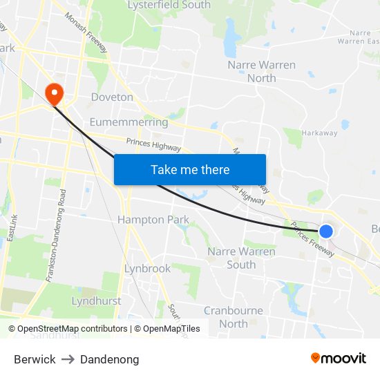 Berwick to Dandenong map