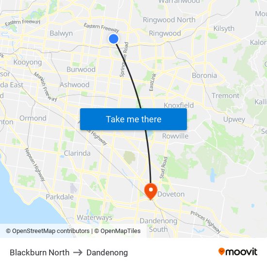 Blackburn North to Dandenong map