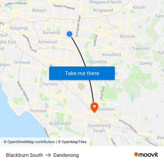 Blackburn South to Dandenong map