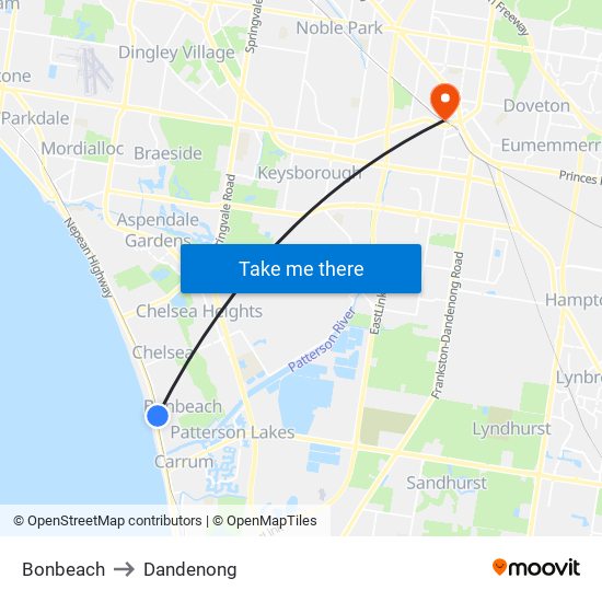 Bonbeach to Dandenong map