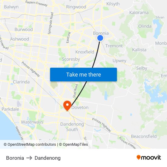 Boronia to Dandenong map