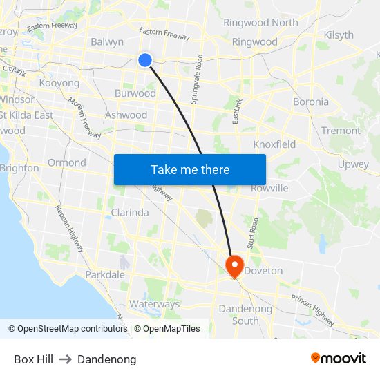 Box Hill to Dandenong map