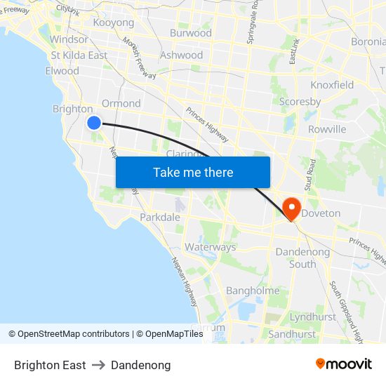 Brighton East to Dandenong map