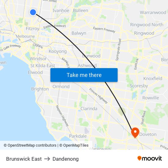 Brunswick East to Dandenong map