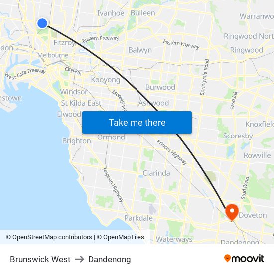 Brunswick West to Dandenong map