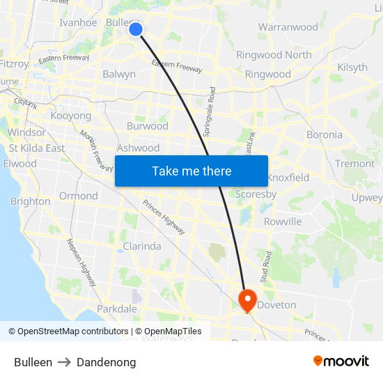 Bulleen to Dandenong map