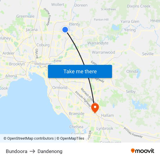 Bundoora to Dandenong map