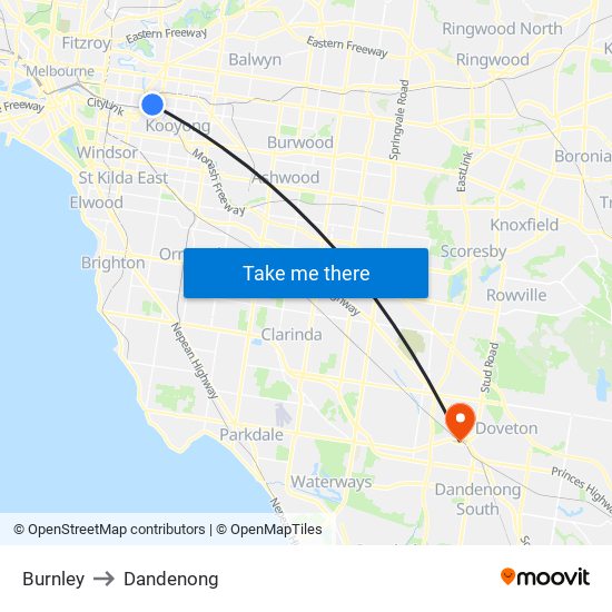 Burnley to Dandenong map