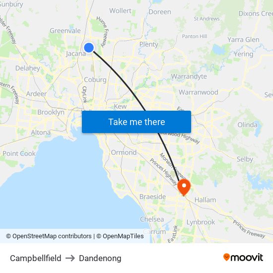 Campbellfield to Dandenong map