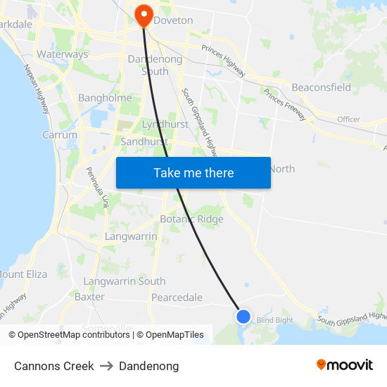 Cannons Creek to Dandenong map