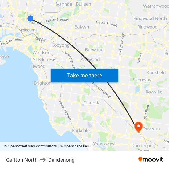 Carlton North to Dandenong map