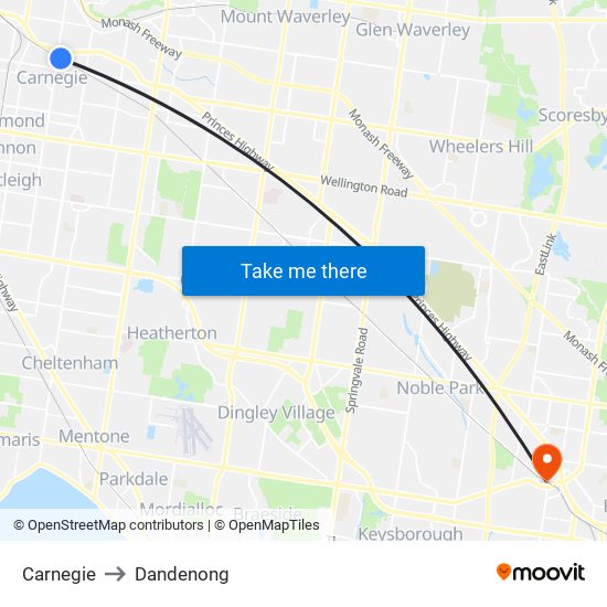 Carnegie to Dandenong map