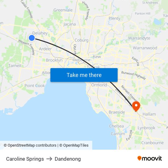 Caroline Springs to Dandenong map