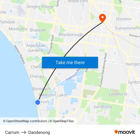 Carrum to Dandenong map