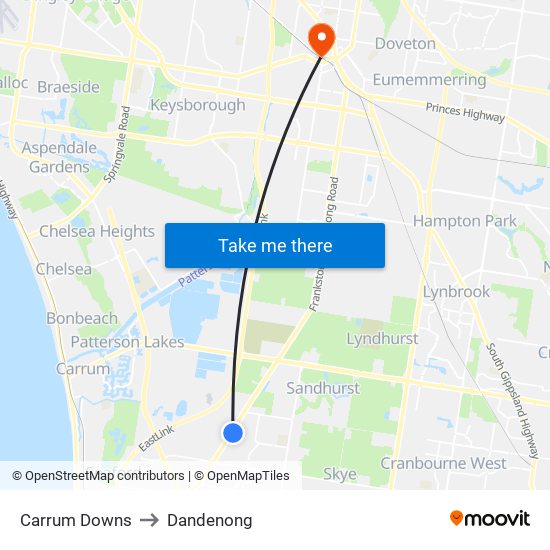 Carrum Downs to Dandenong map